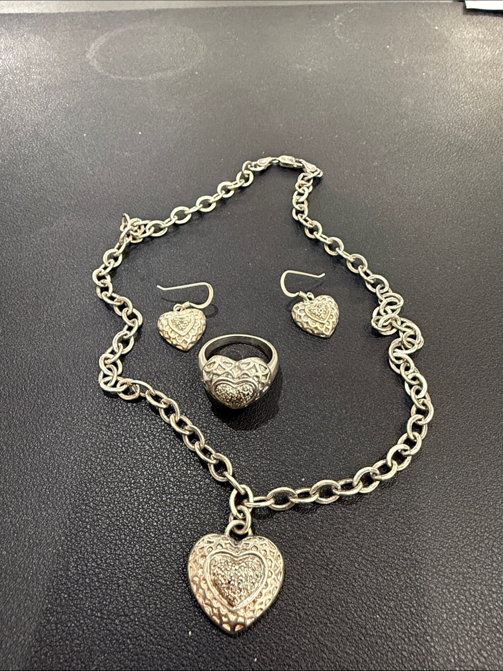Sterling Silver with small Diamonds Heart Pendant Necklace, Ring & Earrings Set